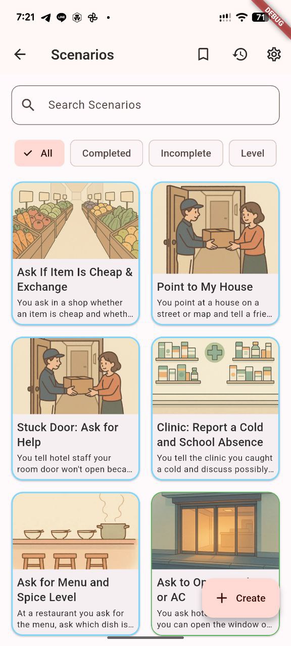 TabiTalk scenario catalog screen