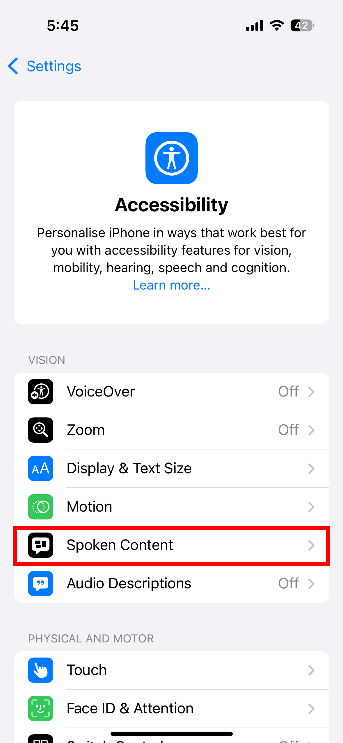 Accessibility menu showing Spoken Content